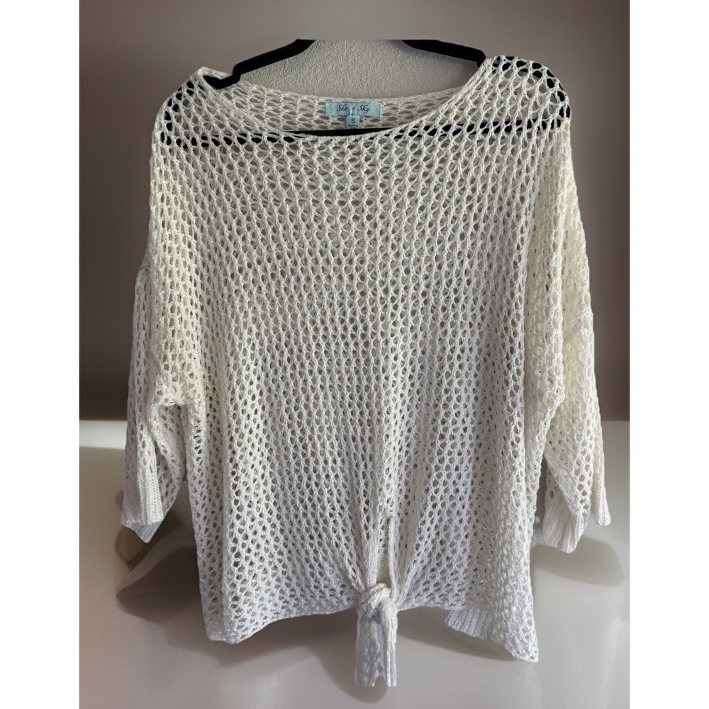 She + Sky Women's Sweater Small Beige Open Knit Drop Shoulder Tie Front